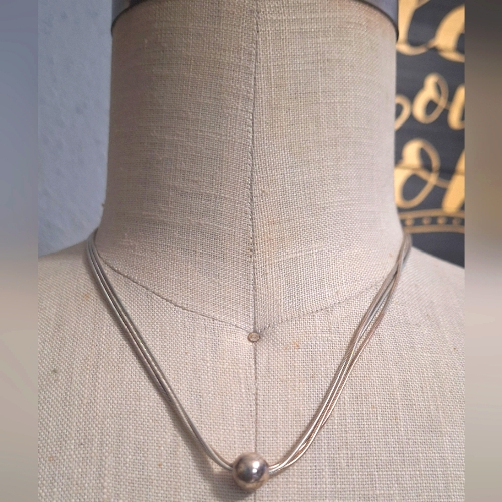 Elegant 3 Strand 925 Silver Snake Chain Necklace with Ball Charm.